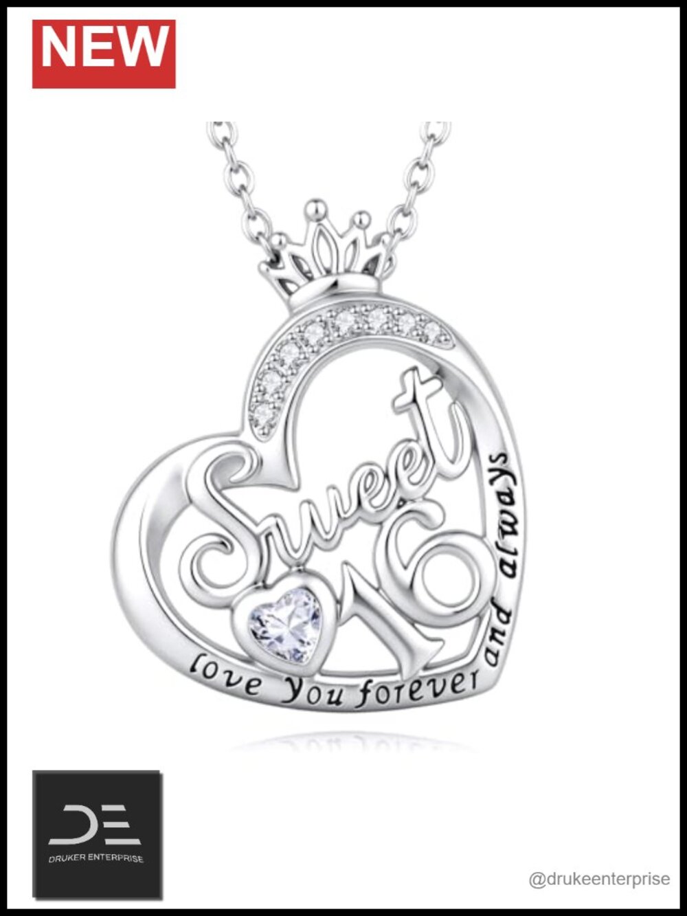 Sweet 16 Necklace 925 Sterling Silver Heart Pendant 16th Birthday Gift